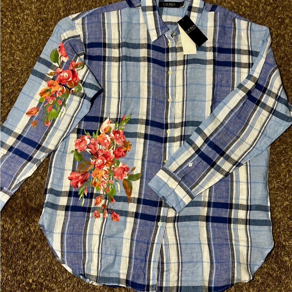 Ralph Lauren Blue Plaid Shirt with Floral Accents